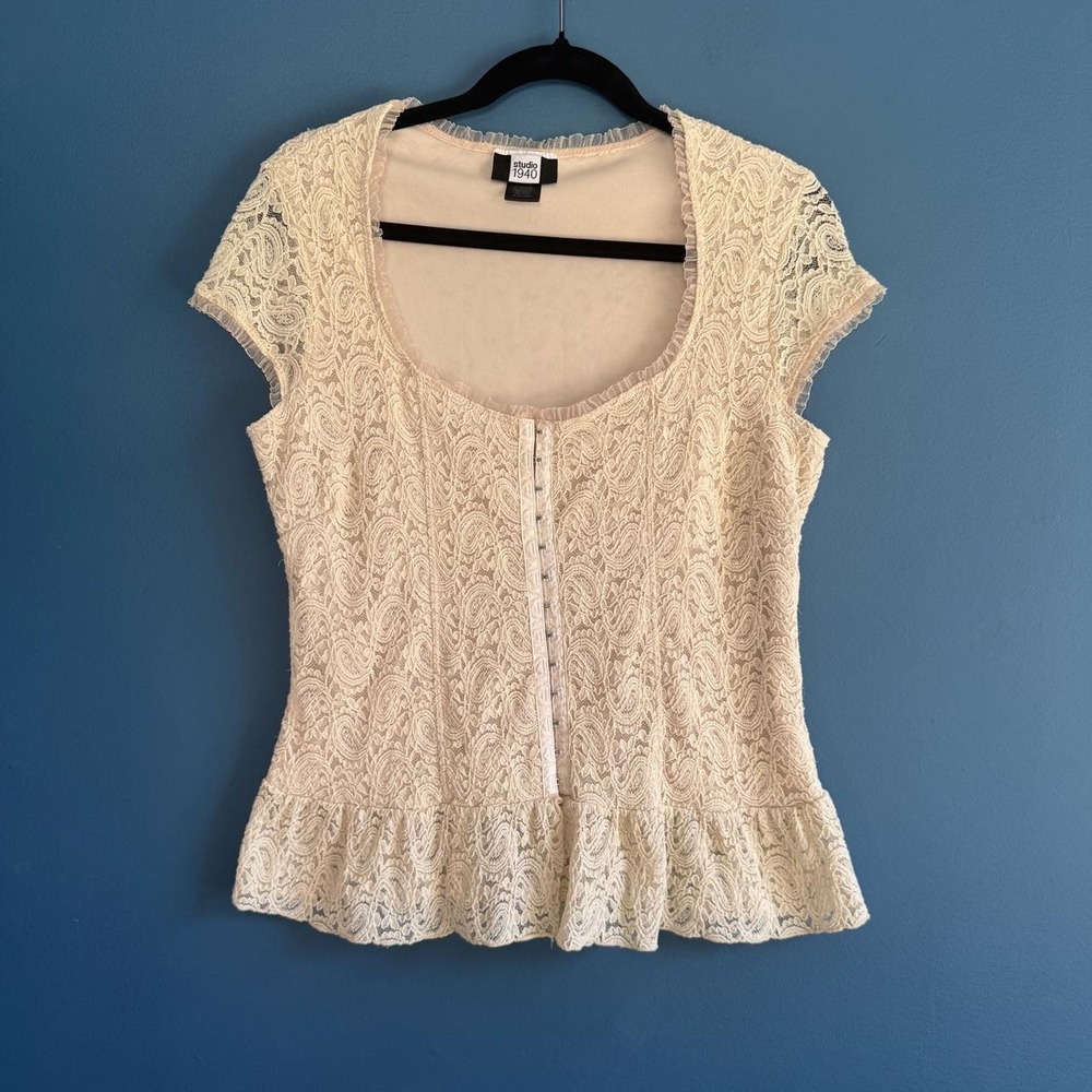 Y2K Lace Blouse Women's Size Large Studio 1940 Cream Ruffle Corset Made In USA